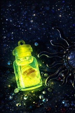 Fiole jaune lumineuse dans la noirceur de la nuit 5.00