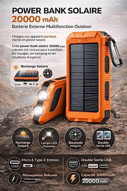 Batterie externe solaire multi-fonction,boussole,lumiere forte,prise multiple 29.90